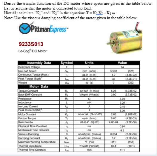 Derive the transfer function of the DC motor whose specs are given in the table below. Let us assume that the