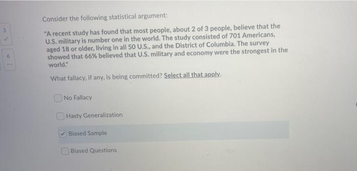 Consider the following statistical argument: 3. "A recent study has found that