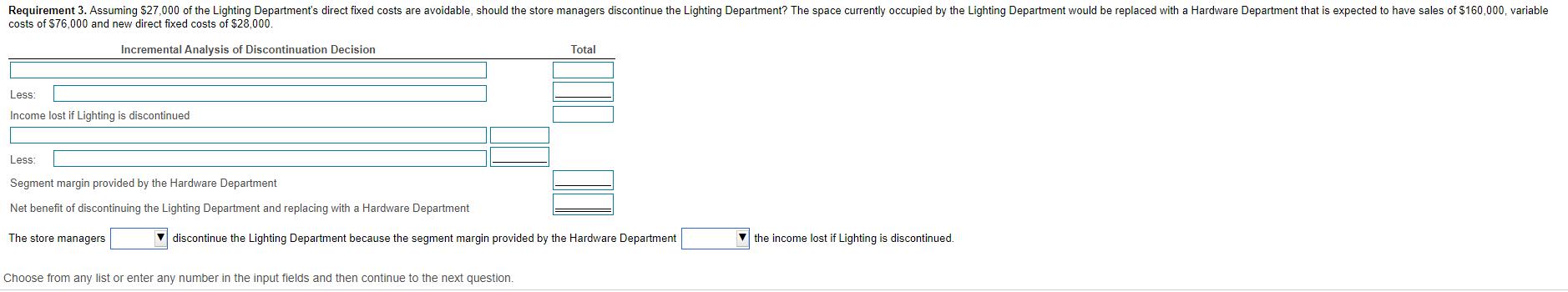 Requirement 3. Assuming $27,000 of the Lighting Departments direct fixed costs are avoidable, should the store managers disc