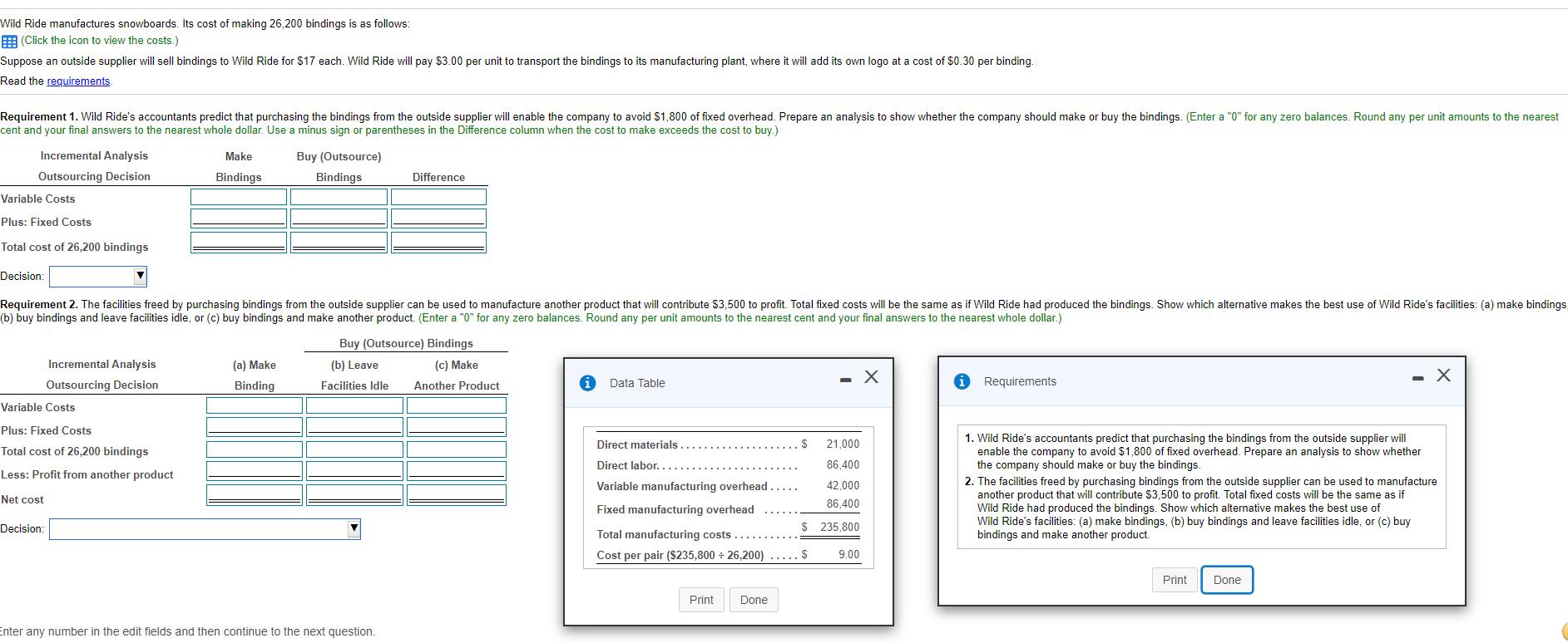 Wild Ride manufactures snowboards. Its cost of making 26,200 bindings is as follows: (Click the icon to view the costs.) Supp