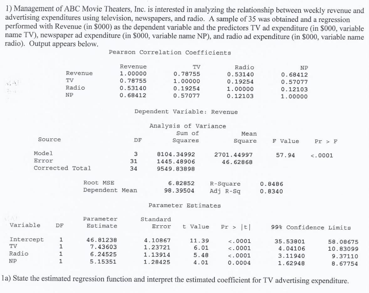 1) Management of ABC Movie Theaters, Inc. is interested in analyzing the relationship between weekly revenue and advertising