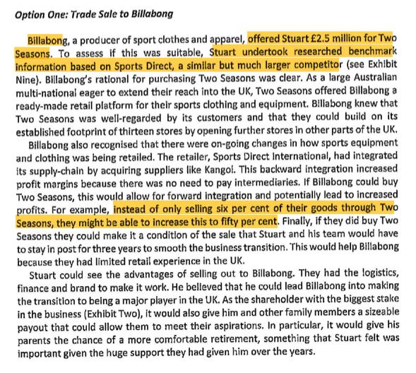 Option One: Trade Sale to Billabong Billabong, a producer of sport clothes and apparel, offered Stuart £2.5 million for Two S