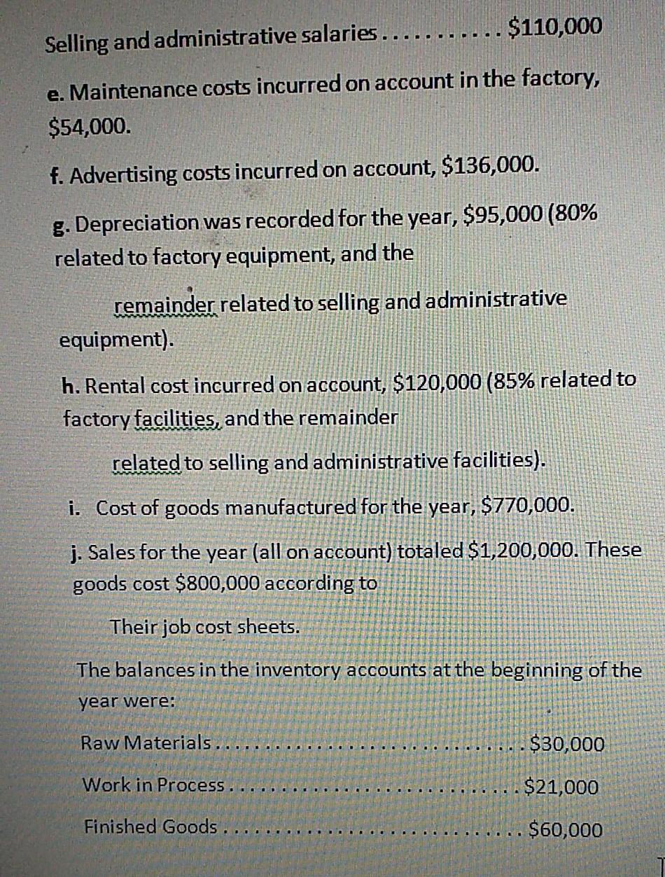 $110,000 Selling and administrative salaries.... e. Maintenance costs incurred on account in the factory, $54,000. f. Adverti