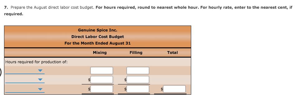 7. Prepare the August direct labor cost budget. For hours required, round to nearest whole hour. For hourly rate, enter to th