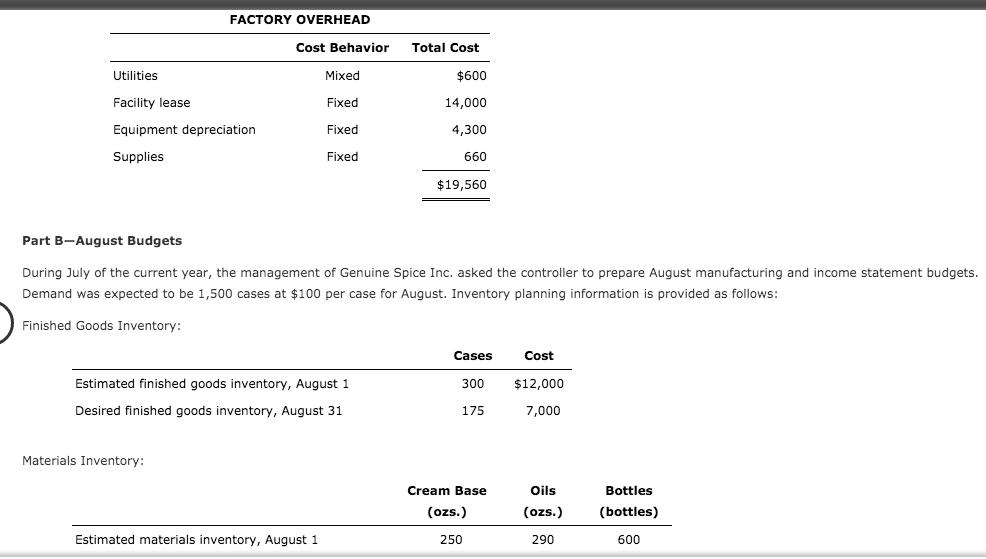 FACTORY OVERHEAD Cost Behavior Total Cost Utilities Mixed $600 Fixed 14,000 Facility lease Equipment depreciation Supplies Fi