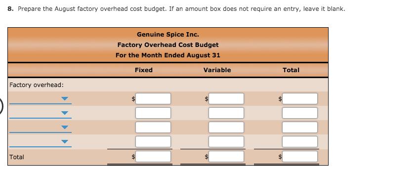 8. Prepare the August factory overhead cost budget. If an amount box does not require an entry, leave it blank. Genuine Spice