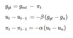 Gyt = 9mt – TT Ut – U4-1 = -B (9yt - 9n) Tlt – Tt-1 = -a (Ut – Un)