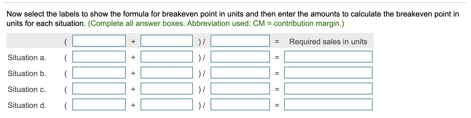 Now select the labels to show the formula for breakeven point in units and then enter the amounts to calculate the breakeven
