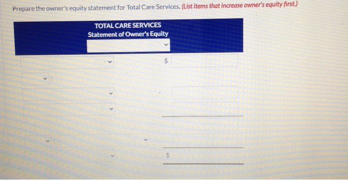 Prepare the owners equity statement for Total Care Services. (List items that increase owners equity first.)TOTAL CARE SER