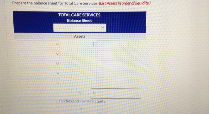 Prepare the balance sheet for Total Care Services. (List Assets in order of liquidity.)TOTAL CARE SERVICESBalance SheetAss