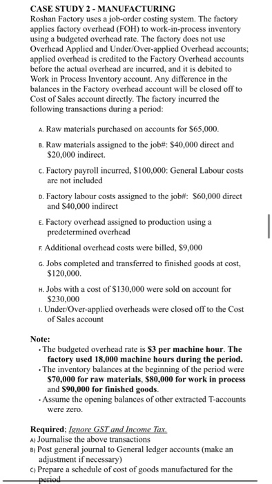 CASE STUDY 2 - MANUFACTURINGRoshan Factory uses a job-order costing system. The factoryapplies factory overhead (FOH) to wo