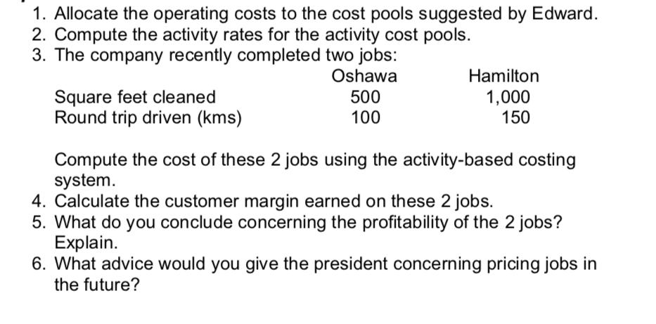 1. Allocate the operating costs to the cost pools suggested by Edward. 2. Compute the activity rates for the activity cost po