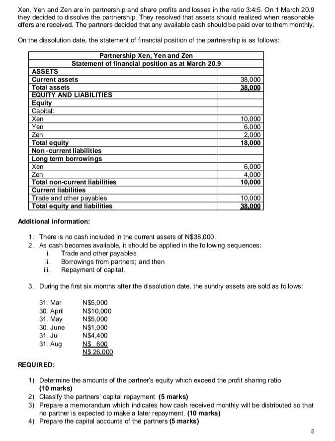 Xen, Yen and Zen are in partnership and share profits and losses in the ratio 3:4:5. On 1 March 20.9they decided to dissolve