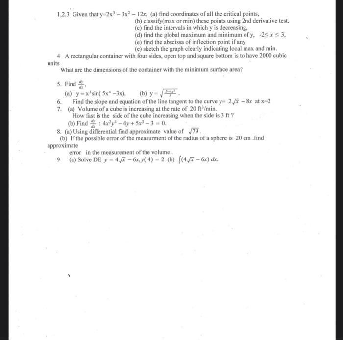 1,2.3 Given that y-2x-3x2 - 12x, (a) find coordinates of all the critical points, (b) classify(max or min)