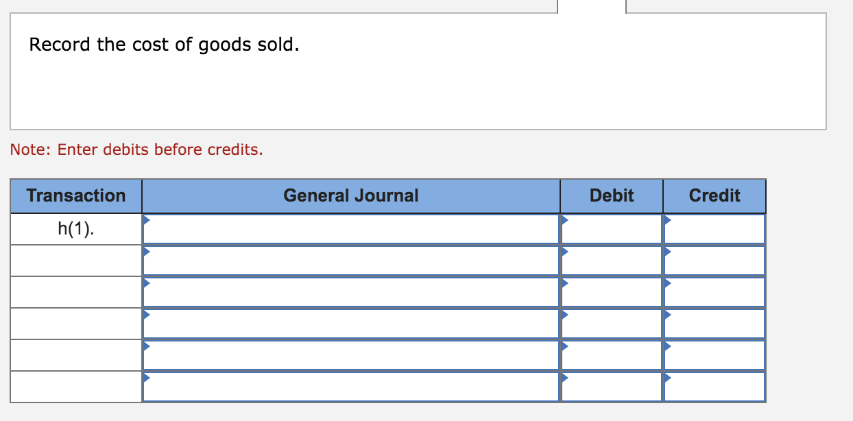 Record the cost of goods sold.Note: Enter debits before credits.TransactionGeneral JournalDebitCredith(1)
