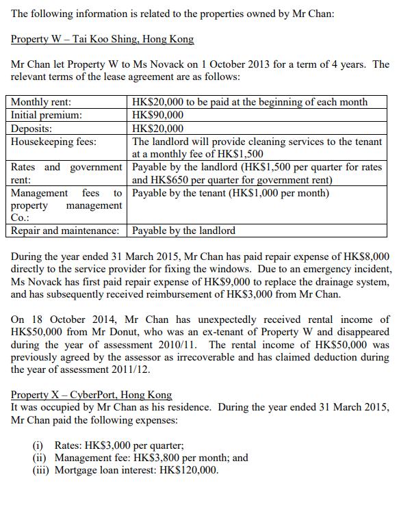 The following information is related to the properties owned by Mr Chan: Property W - Tai Koo Shing, Hong Kong Mr Chan let Pr