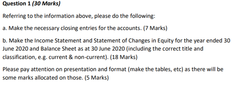 Question 1 (30 Marks)Referring to the information above, please do the following:a. Make the necessary closing entries for