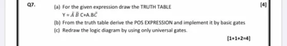 [4] (a) For the given expression draw the TRUTH TABLE Y = A B C+A.BC (b) From the truth table derive the POS EXPRESSION and i
