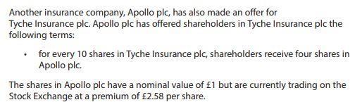 Another insurance company, Apollo plc, has also made an offer for Tyche Insurance plc. Apollo plc has offered shareholders in