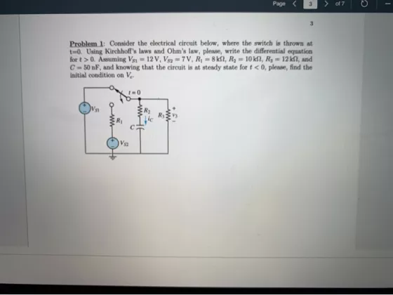 Page < 3 > 017 - Problem 1: Consider the electrical circuit below, where the switch is thrown at t-0. Using Kirchhoffs laws