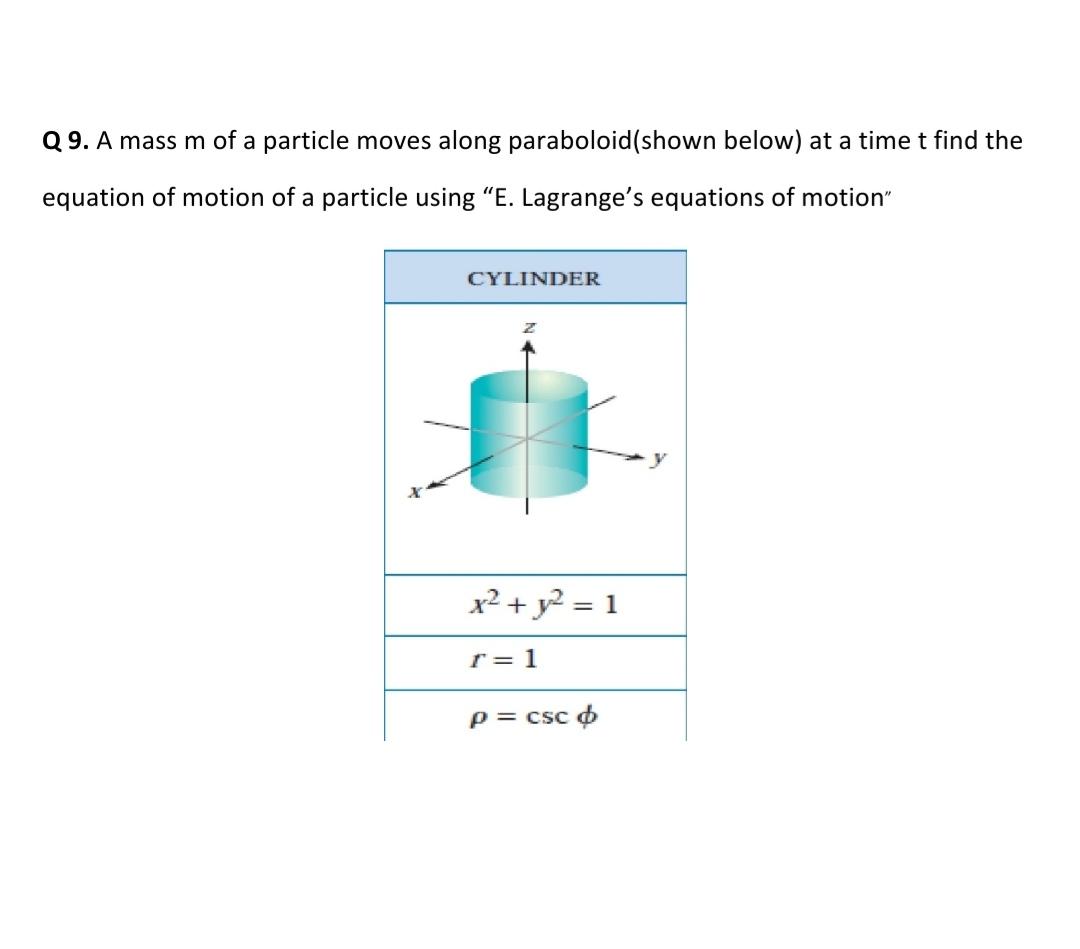 Q 9. A mass m of a particle moves along paraboloid (shown below) at a time t find the equation of motion of a