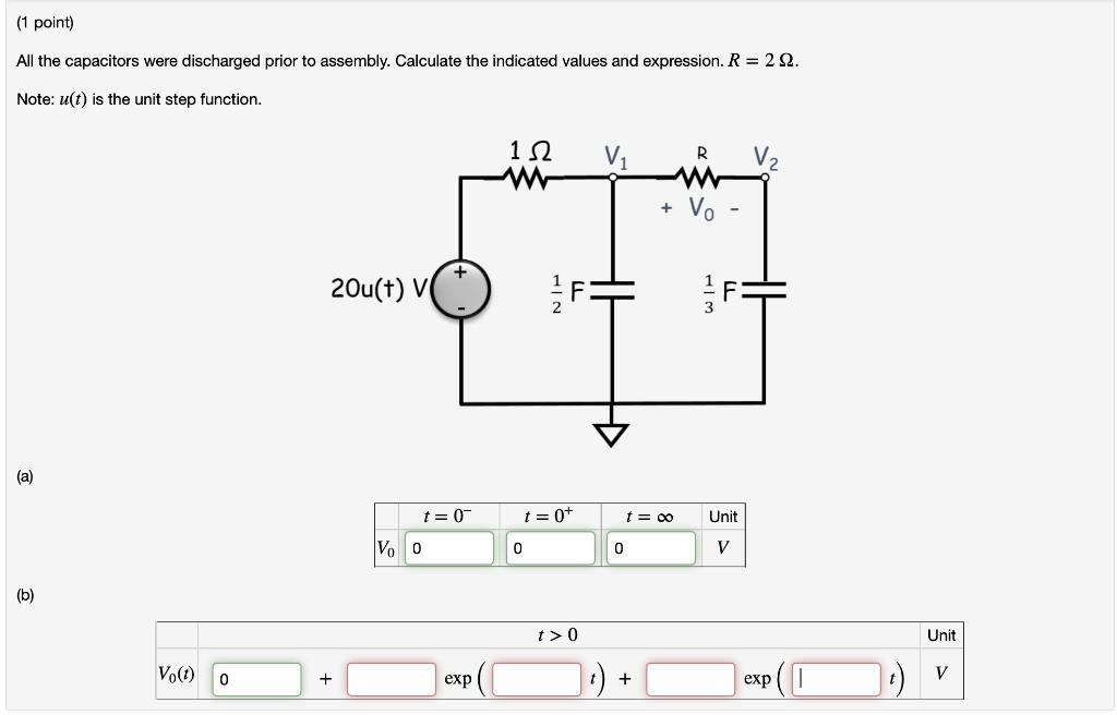 1 point) All the capacitors were discharged prior to assembly. Calculate the indicated values and expression. R = 2 Ω. Note: