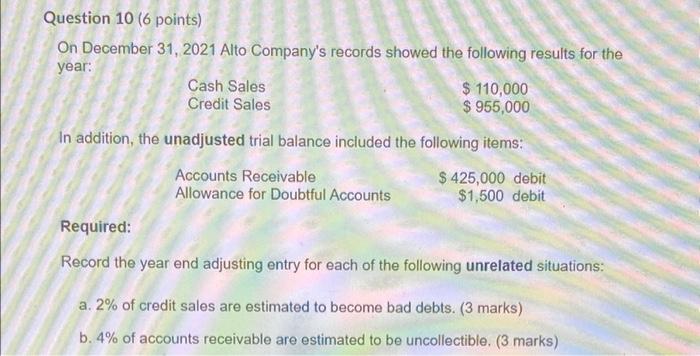 Question 10 (6 points)On December 31, 2021 Alto Companys records showed the following results for theyear:Cash Sales$ 11