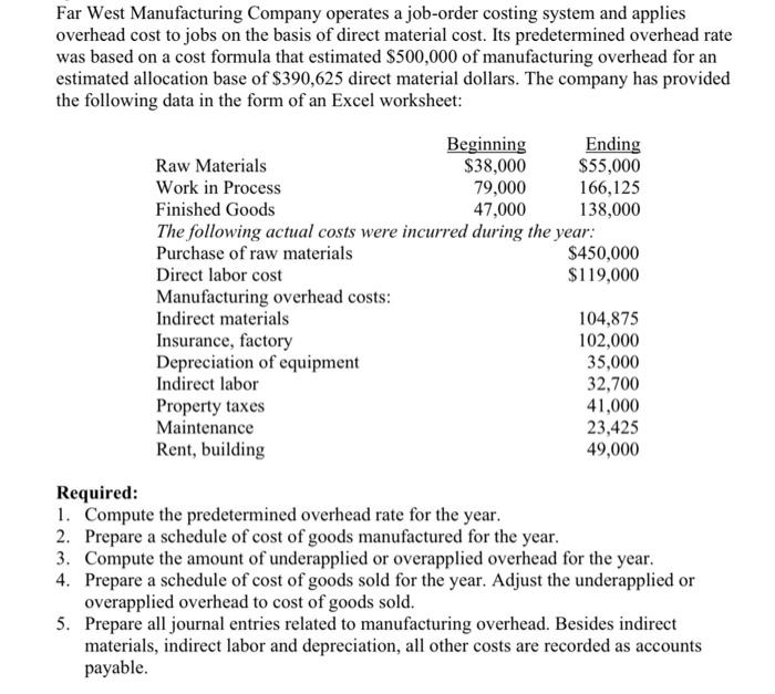 Far West Manufacturing Company operates a job-order costing system and appliesoverhead cost to jobs on the basis of direct m