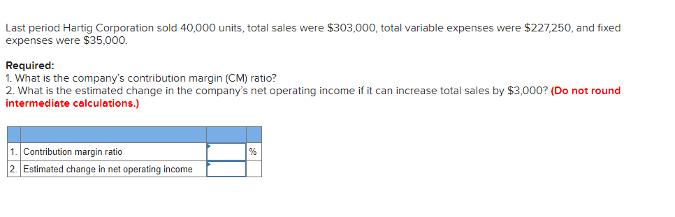 Last period Hartig Corporation sold 40,000 units, total sales were $303,000, total variable expenses were $227,250, and fixed