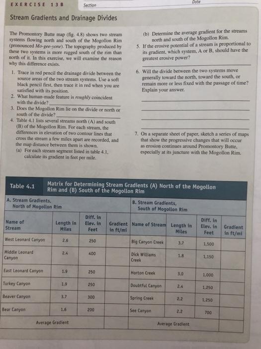 EXERCISE 13B Stream Gradients and Drainage Divides The Promontory Butte map (fig. 4.8) shows two stream systems flowing north and south of the Mogollon Rim (b) Determine the average gradient for the streams north and south of the Mogollon Rim. 5. If the erosive potential of a stream is proportional to (pronounced Mo-gee-yone). The topography produced by these two systems is more rugged south of the rim tharn north of it. In this exercise, we will examine the reason its gradient, which system, A or B, should have the greatest erosive power? why this difference exists I. Trace in red pencil the drainage divide between the 6. Will the divide between the two systems move source areas of the two stream systems. Use a soft black pencil first, then trace it in red when you are satisfied with its position. generally toward the north, toward the south, or remain more or less fixed with the passage of time? Explain your answer 2. What human-made feature is roughly coincident with the divide? 3. Does the Mogollon Rim lie on the divide or north or south of the divide? 4. Table 4.1 lists several streams north (A) and south (B) of the Mogollon Rim. For each stream, the differences in elevation of two contour lines that cross the stream a few miles apart are recorded, and the map distance between them is shown. 7. On a separate sheet of paper, sketch a series of maps that show the progressive changes that will occur as erosion continues around Promontory Butte, especially at its juncture with the Mogollon Rim. (a) For each stream segment listed in table 4.1, calculate its gradient in feet per mile. ab4 Barix for Determining ) North of the Mogollon Rim and (B) South of the Mogollon Rim A. Stream Gradients B. Stream Gradients, North of Mogollon Rim South of Mogollon Rim Diff. in Diff. in Name of Length in Elev. in Gradient Name of Stream Length in Elev. in Gradient Stream West Leonard Canyon Middle Leonard Miles Feet in ft/mi Miles Feet in ft/mi 2.6 250 Big Canyon Creek 3.7 1.500 2.4 400 Dick Williams 1.8 East Leonard Canyon Turkey Canyon Beaver Canyon Bear Canyon Creek Horton Creek Doubtful Canyon Spring Creek See Canyon 250 3.0 1,000 1.9 250 1,250 300 2.2 1,250 1.6 200 2.2 700 Average Gradient Average Gradient