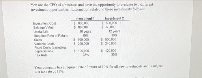 You are the CFO of a business and have the opportunity to evaluate two different investment opportunities. Information relate