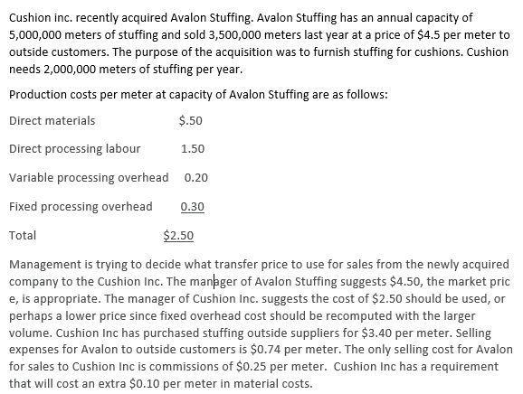 Cushion inc. recently acquired Avalon Stuffing. Avalon Stuffing has an annual capacity of 5,000,000 meters of stuffing and so