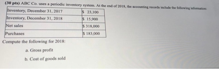 (30 pts) ABC Co. uses a periodic inventory system. At the end of 2018, the accounting records include the following informati