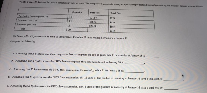 (10 pts, 6 each) X Systems, Ineuses a perpetual inventory system. The companys beginning inventory of a particular product a