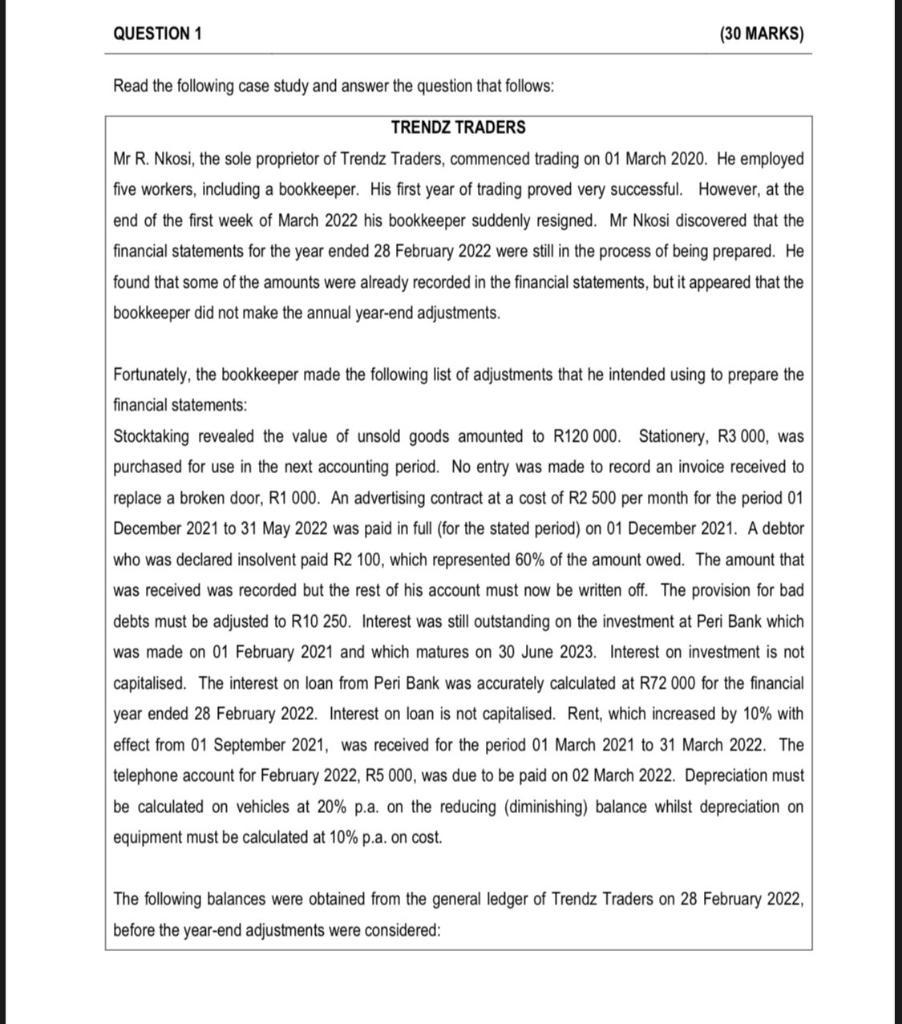 QUESTION 1 (30 MARKS) Read the following case study and answer the question that follows: TRENDZ TRADERS Mr R. Nkosi, the sol