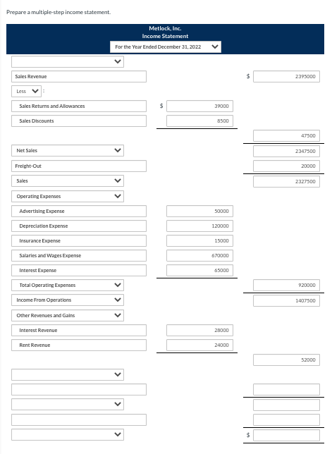 Prepare a multiple-step income statement.Metlock, Inc.Income StatementFor the Year Ended December 31, 2022Sales Revenue2