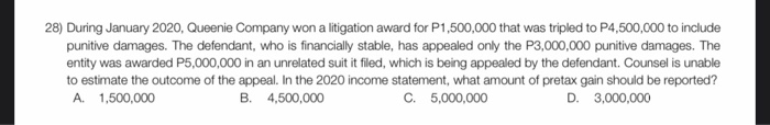 28) During January 2020, Queenie Company won a litigation award for P1,500,000 that was tripled to P4,500,000 to includepuni