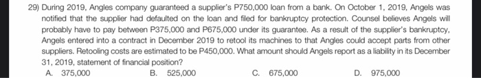 29) During 2019, Angles company guaranteed a suppliers P750,000 loan from a bank. On October 1, 2019, Angels wasnotified th