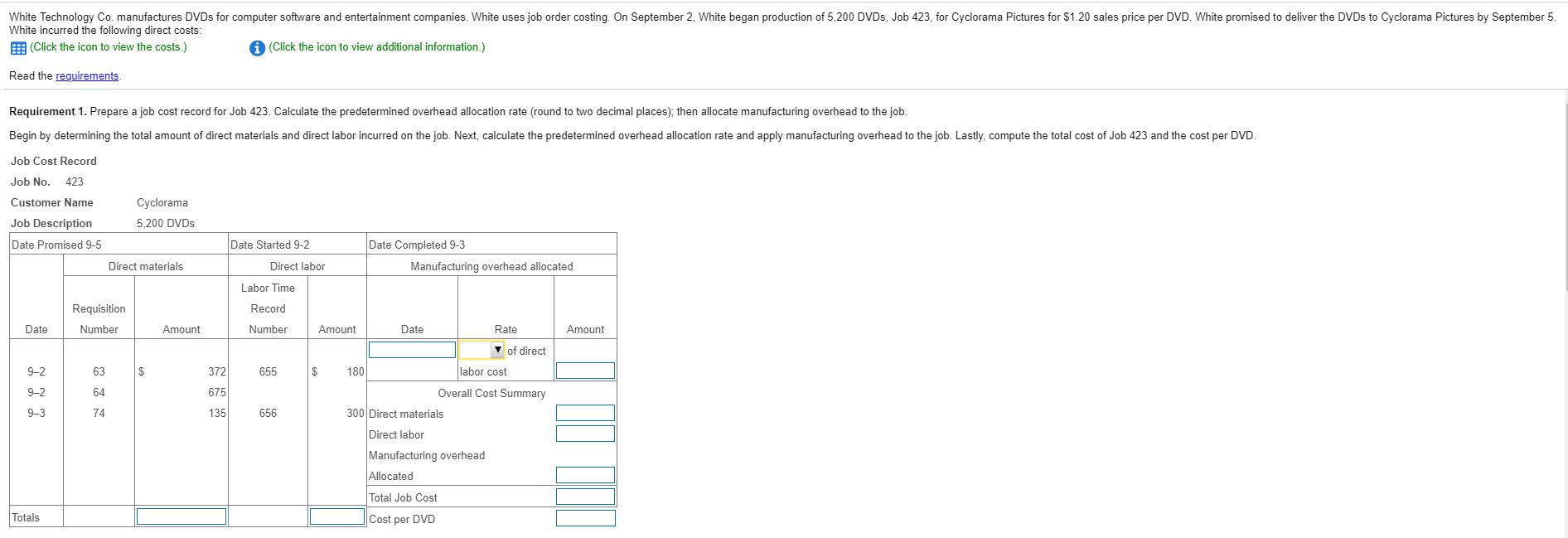 White Technology Co. manufactures DVDs for computer software and entertainment companies. White uses job order costing. On Se