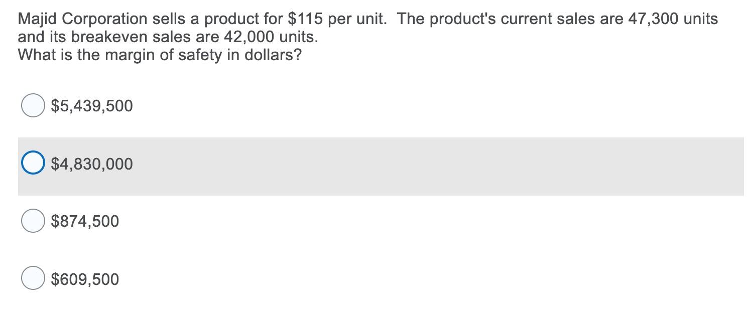 Majid Corporation sells a product for $115 per unit. The products current sales are 47,300 unitsand its breakeven sales are