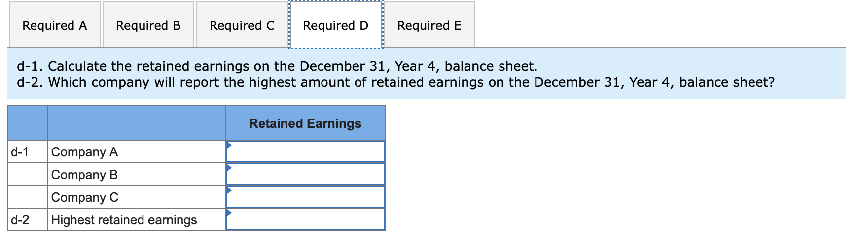 Required ARequired BRequired C.Required DRequired Ed-1. Calculate the retained earnings on the December 31, Year 4, bala