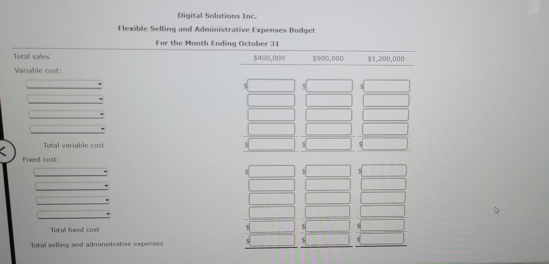 Digital Solutions Inc.Flexible Selling and Administrative Expenses BudgetFor the Month Ending October 31$400,000 $900,000