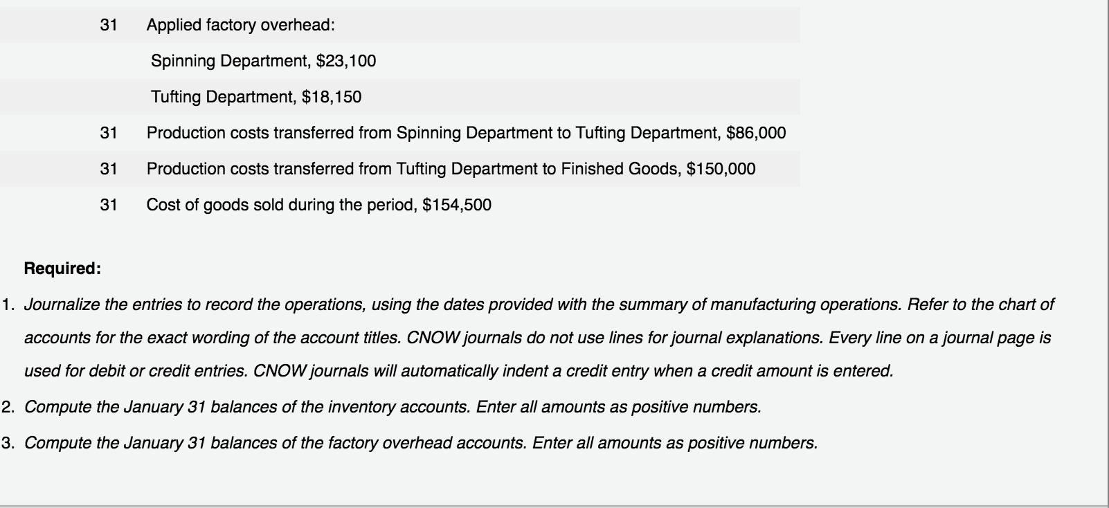 31Applied factory overhead:Spinning Department, $23,100Tufting Department, $18,15031Production costs transferred from Sp