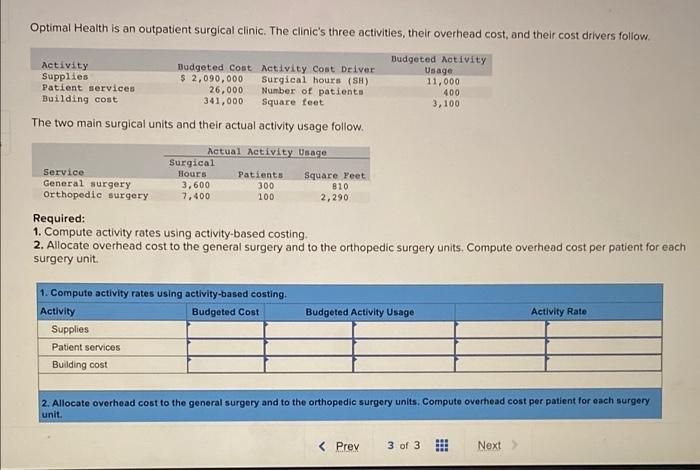 Optimal Health is an outpatient surgical clinic. The clinics three activities, their overhead cost, and their cost drivers f