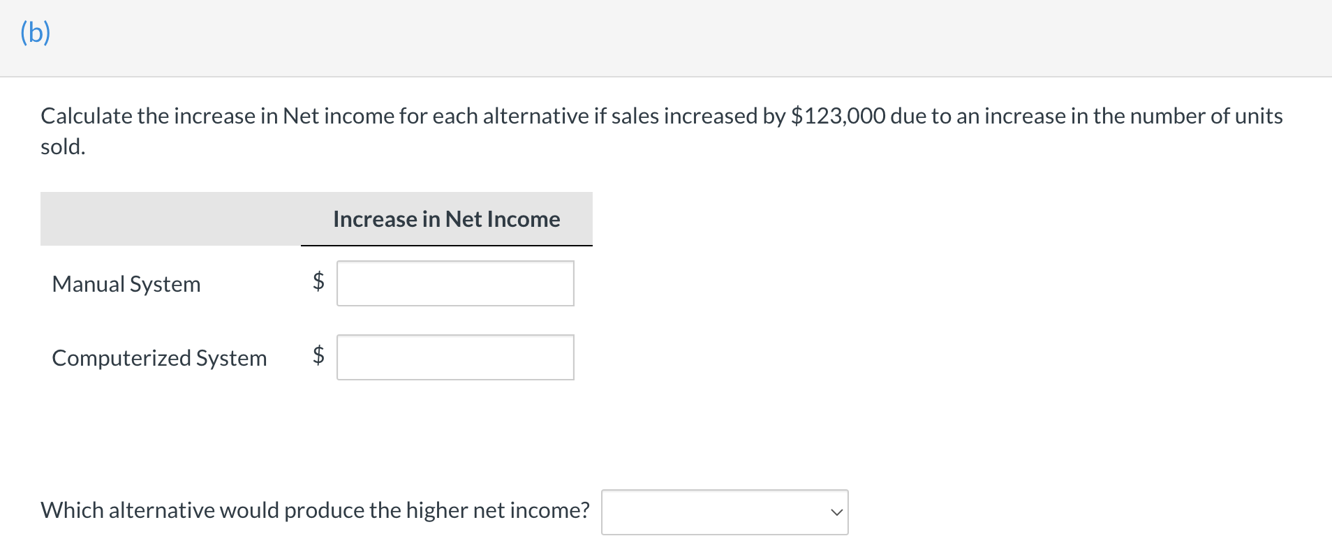 (b)Calculate the increase in Net income for each alternative if sales increased by $123,000 due to an increase in the number