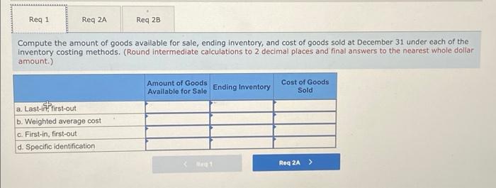 Reg 1Reg 2AReg 2BCompute the amount of goods available for sale, ending Inventory, and cost of goods sold at December 31 u