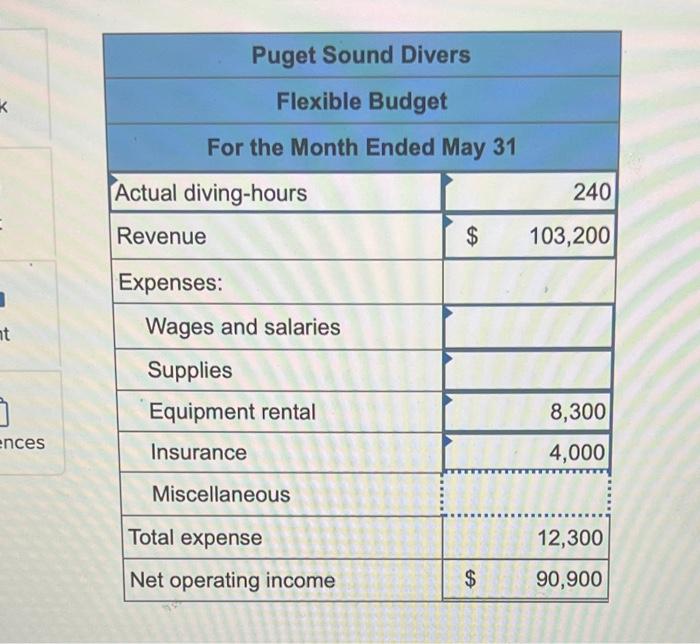 Puget Sound DiversKFlexible BudgetFor the Month Ended May 31Actual diving-hours240-Revenue$103,200Expenses:ntWage