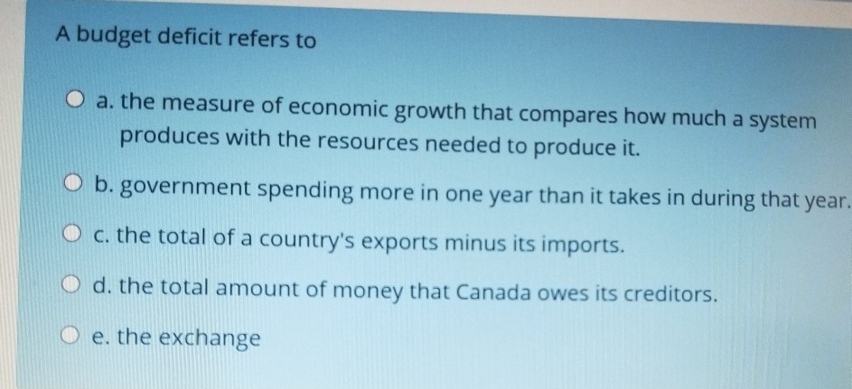 A budget deficit refers toO a. the measure of economic growth that compares how much a systemproduces with the resources ne