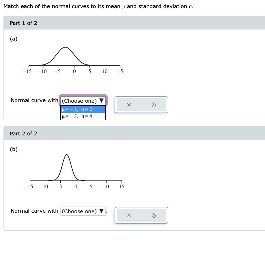 Match each of the normal curves to its mean u and standard deviation o. Part 1 of 2 (a) -15 -10 -5 05 10 15 Х5 Normal curve