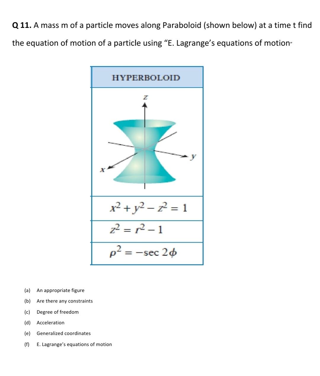 Q 11. A mass m of a particle moves along Paraboloid (shown below) at a time t find the equation of motion of